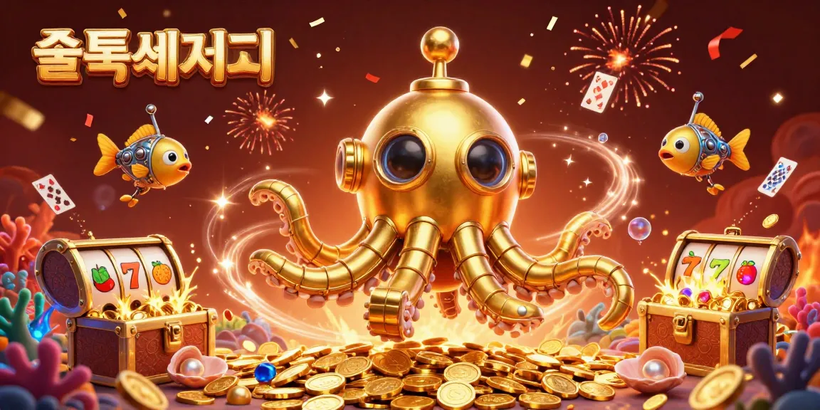 슬롯사이트에서 황금 동전으로 가득한 바다를 헤엄치는 3D 카툰 크라켄과 기계 물고기들, 슬롯 리엘과 과일 심볼로 가득 차 있다
