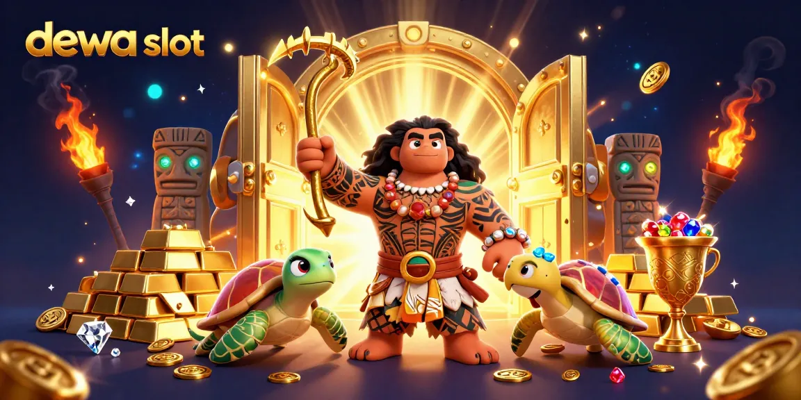 Bermain dewa slot dengan penggambaran 3D ceria, menampilkan kekayaan emas dan harta karun.