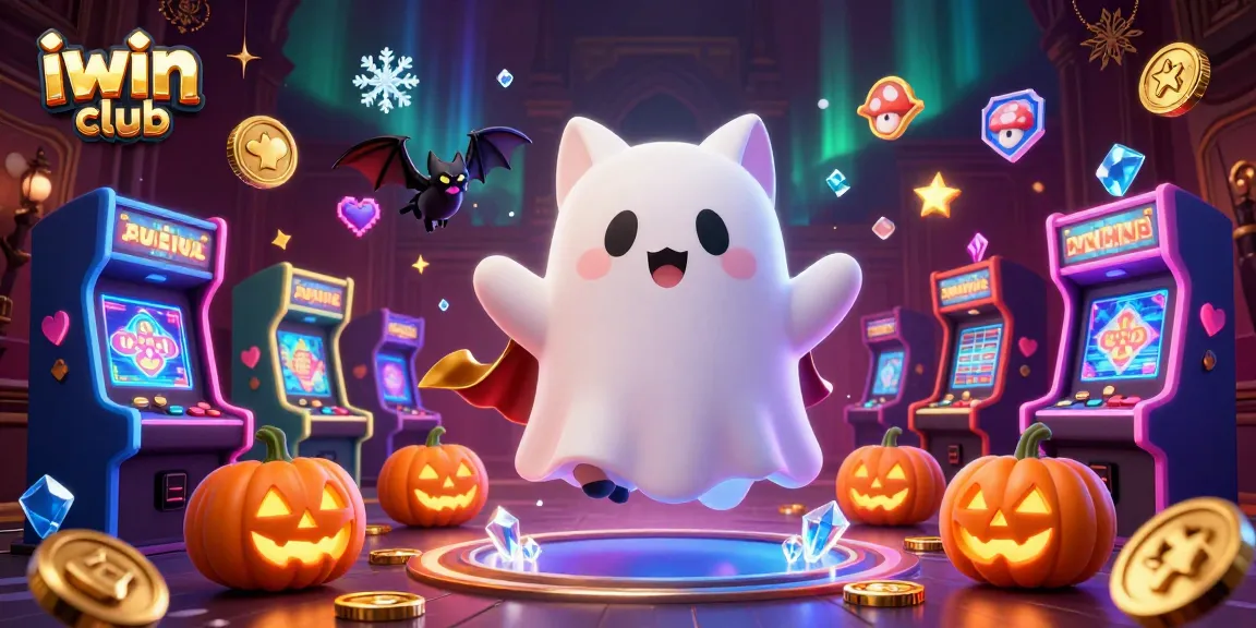 Experience thrilling games at iwin club with a ghost cat and vampire bat in a haunted casino scene.