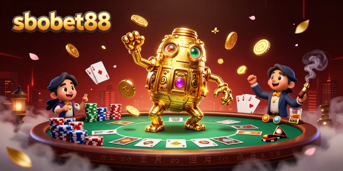sbobet88 showcases an energetic casino scene with a golden golem and poker elements.