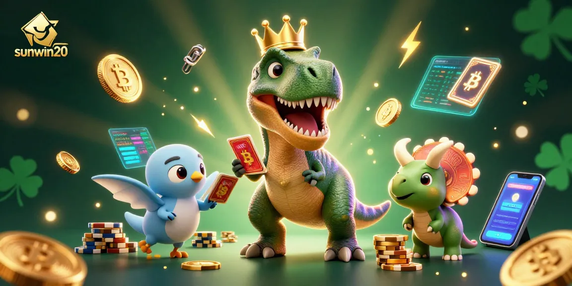 Gain big wins with sunwin20 as a T-Rex shuffles cards and a pterodactyl supports in this vibrant casino scene.