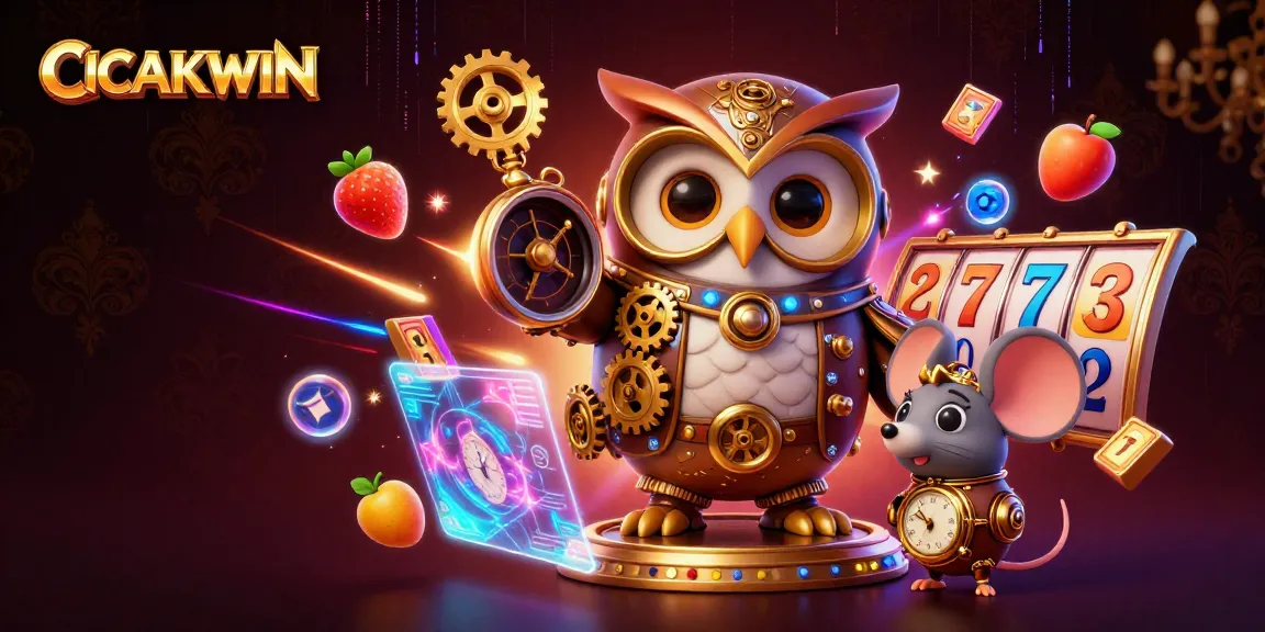 Engage with CICAKWIN in a vibrant 3D casino scene featuring an owl and steampunk elements.