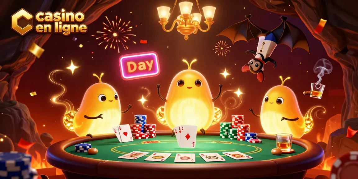 Jouez au casino en ligne dans une ambiance festive avec des lucioles et un croupier chauve-souris.