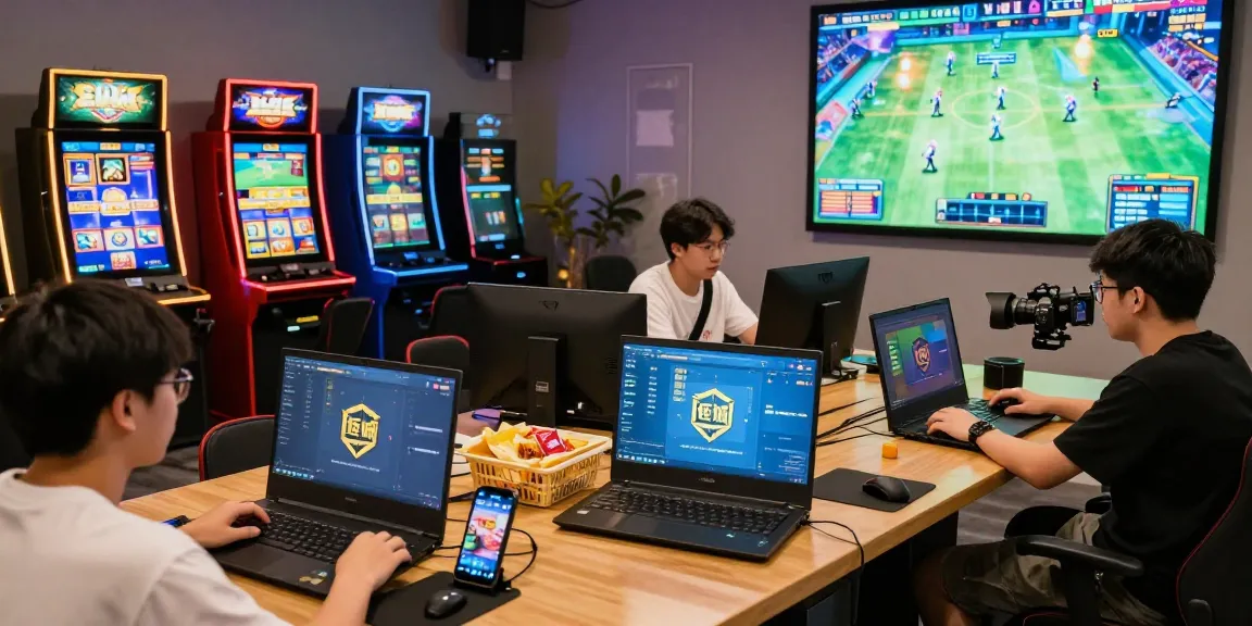 Players enjoying 鉅城 diverse online gaming experience on multiple devices in a vibrant environment