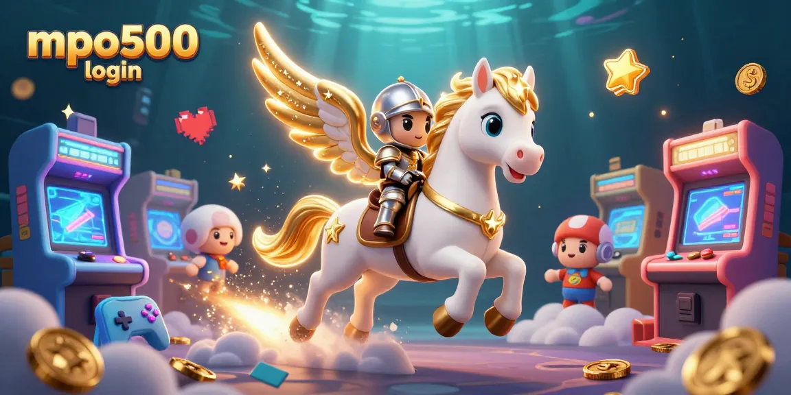 Experience the excitement of mpo500 login with a celestial knight and a golden horse in a vibrant casino scene.