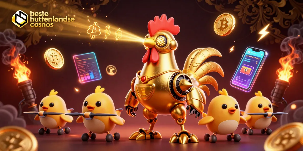 Engage in the action at beste buitenlandse casinos with a vibrant 3D illustration featuring golden rooster robots and cryptocurrency elements.