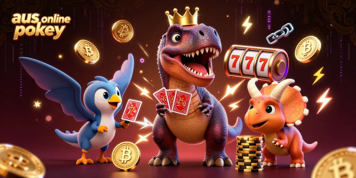 Spin the reels of aus online pokies with a friendly T-Rex and friends in a vibrant casino scene.