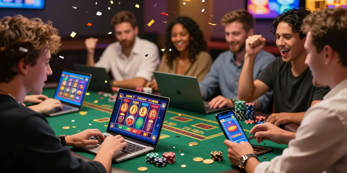 Engaged players at online casinos Australia, celebrating wins with excitement, showcasing vibrant gaming atmosphere.