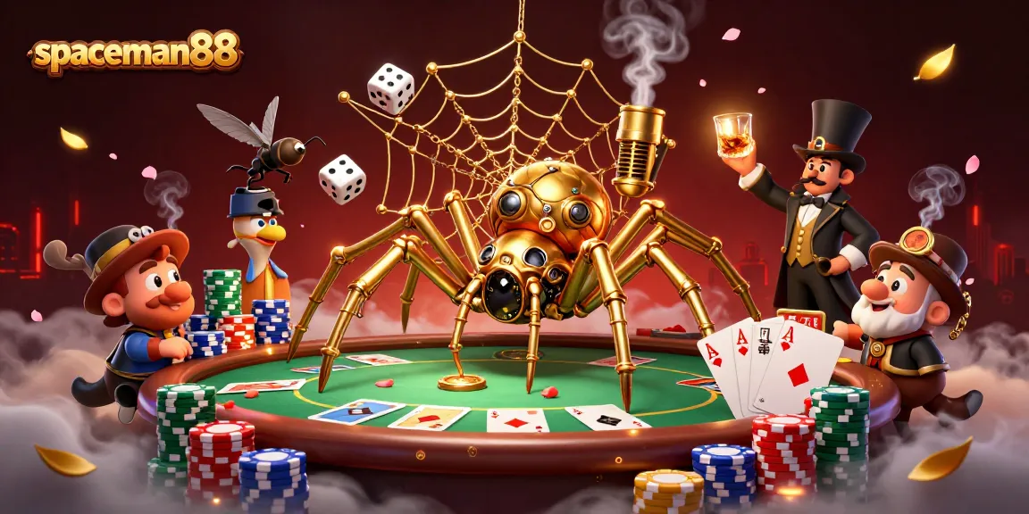Catch the thrill of spaceman88 as a steampunk spider ensnares dice in a sparkling casino web.