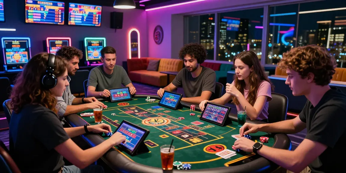Group enjoying link alternatif raja328 casino games in modern lounge.