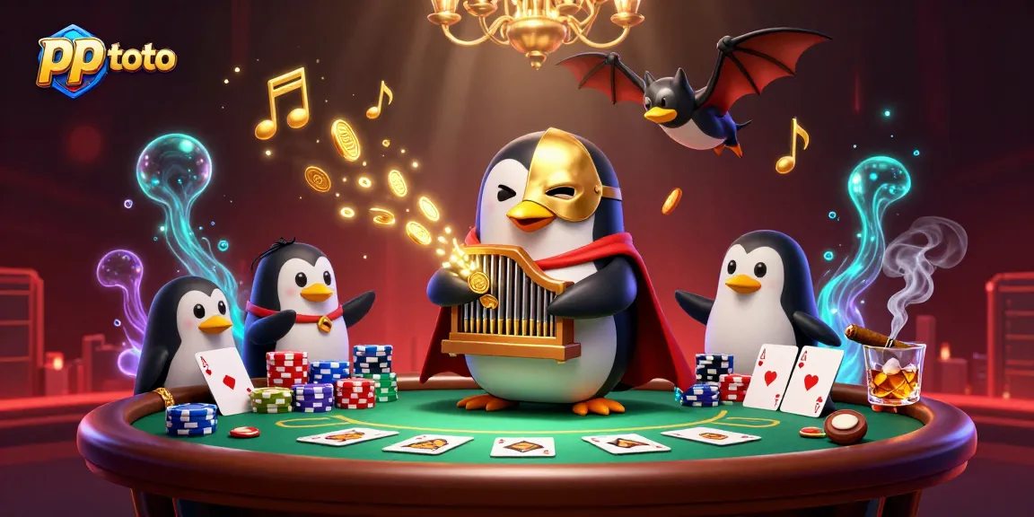 PPToto showcases thrilling casino action with a penguin organist shooting coins and poker elements.