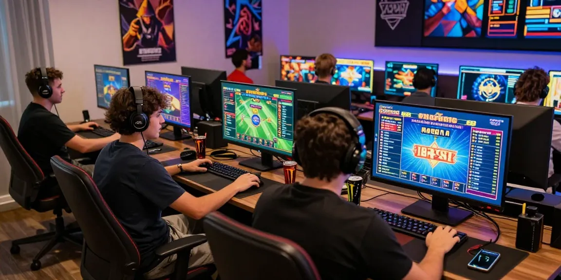 Engaging online gaming environment showcasing players in action with link alternatif raja328 displayed on screens, vibrant visuals, and accessories.