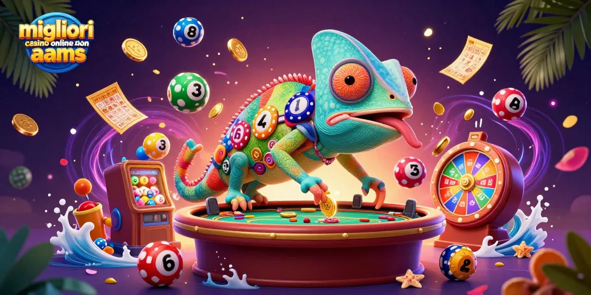 Immagine colorata con chameleon proprietario di casinò e palline della lotteria che presentano i migliori casinò online non AAMS.