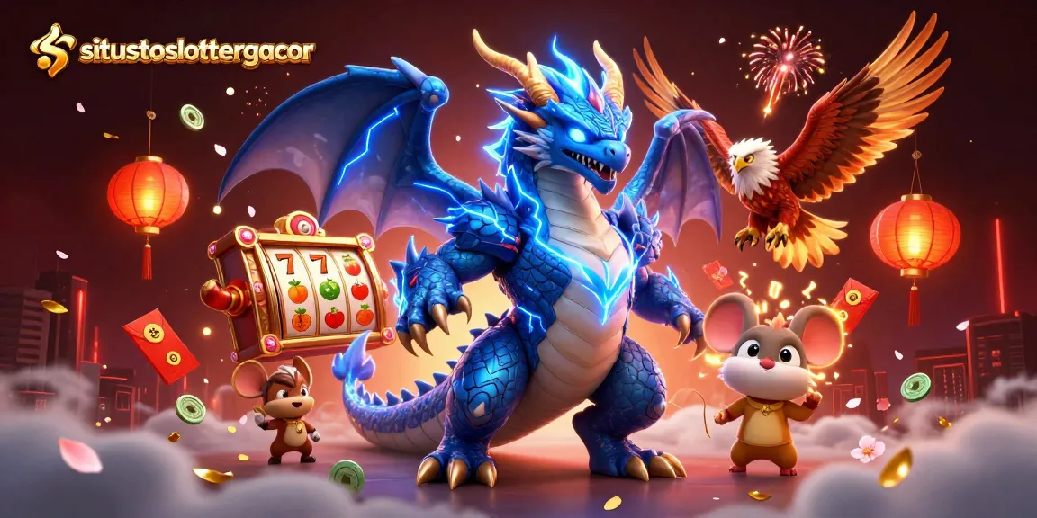Experience gaming excitement with situstotoslottergacor, featuring a thunder dragon, wind hawk, and jackpot slot reels in an enchanting scene.