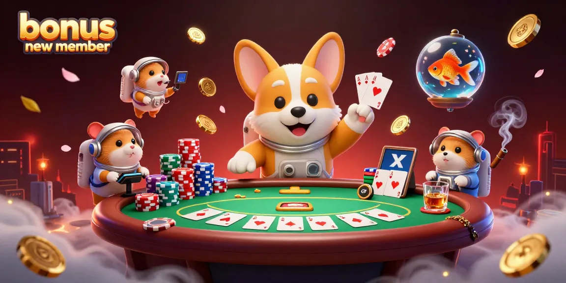 Engage with bonus new member promotions as a corgi and friends enjoy a thrilling casino experience.
